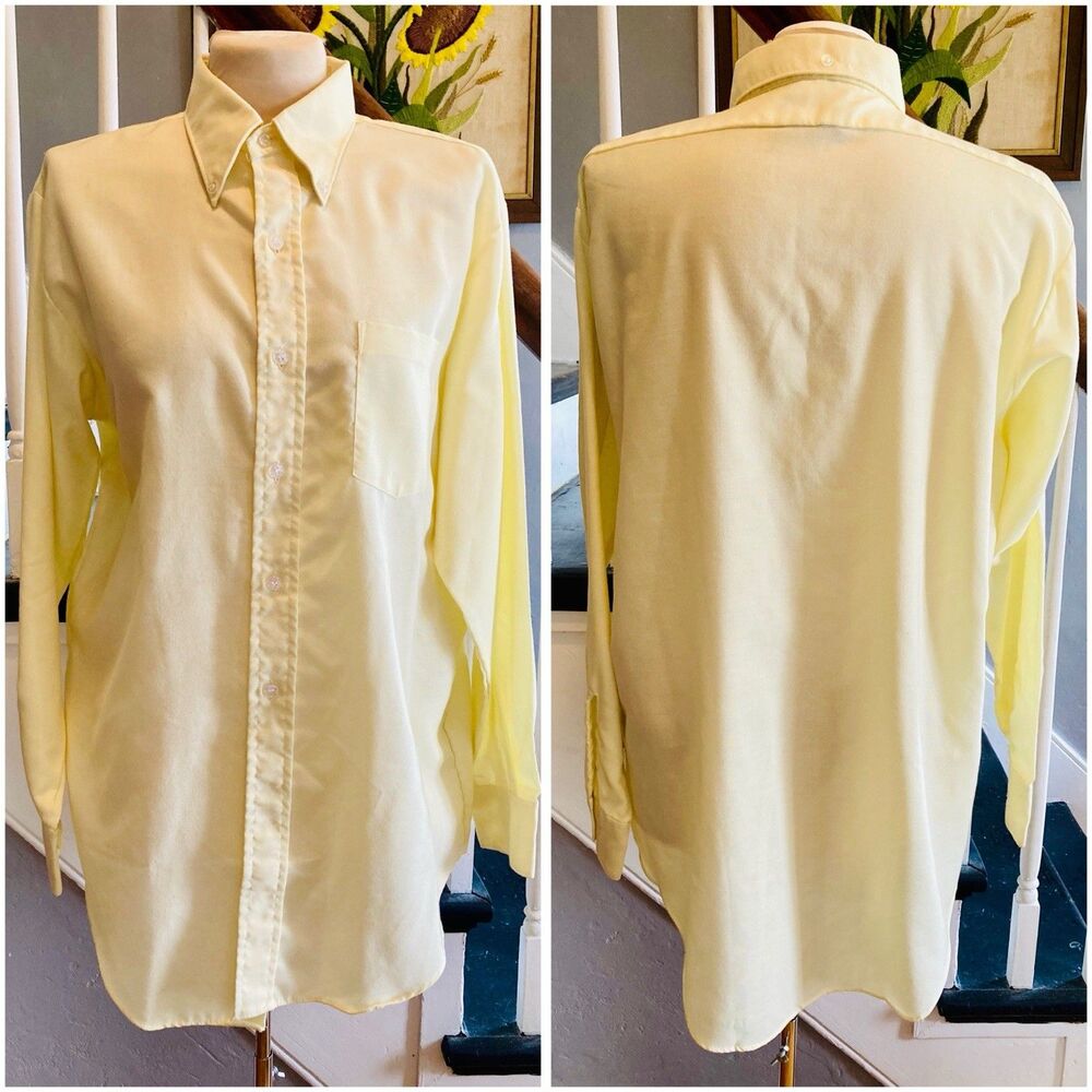 1960s Yellow Button Down Collar Dress Shirt Ivy League Hippie Disco Mod 1970s